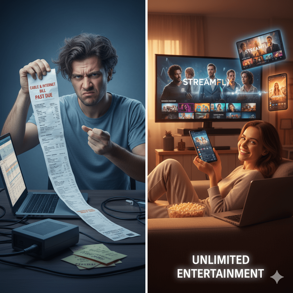 Frustrated person with cable bill vs happy person streaming IPTV
