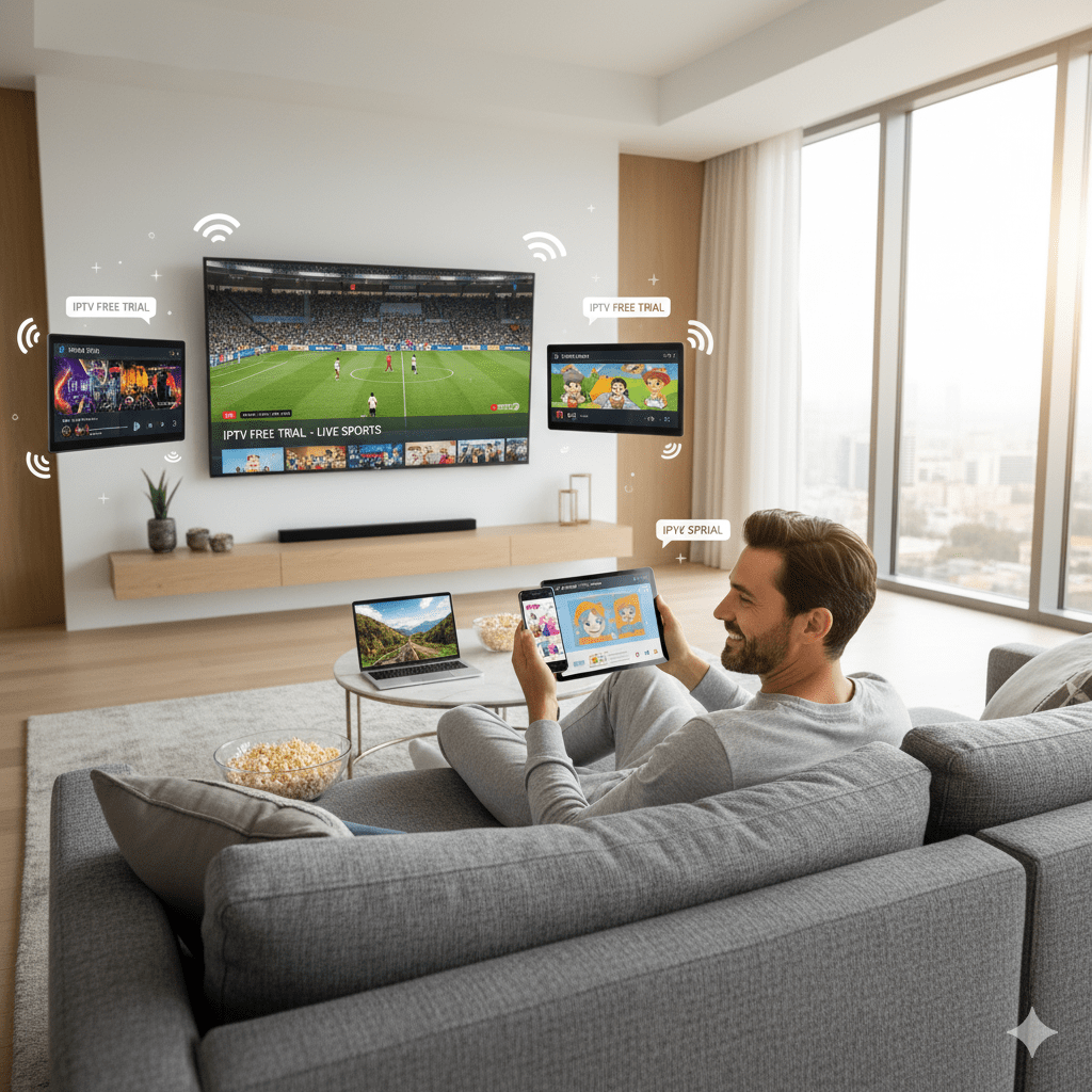 Satisfied user enjoying IPTV streaming across multiple devices after successful free trial