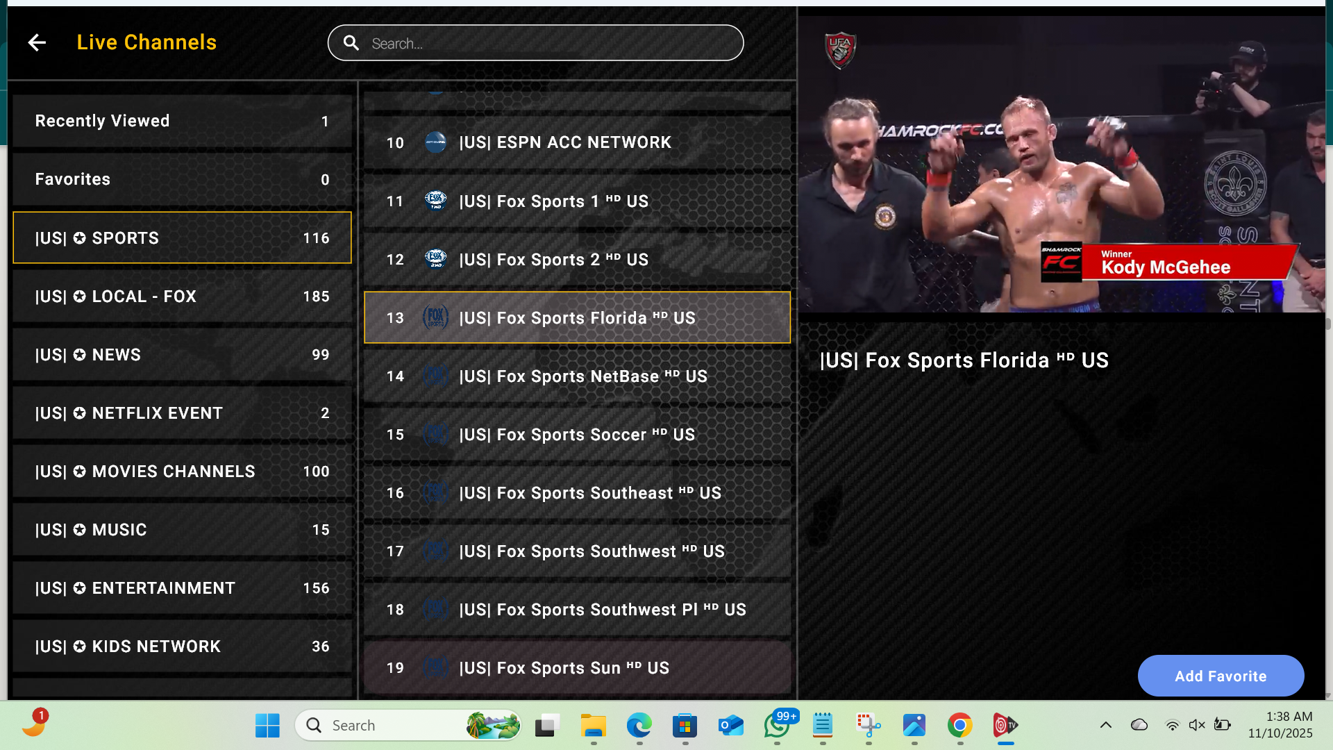IPTV channel guide with various categories